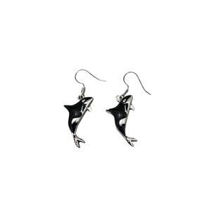 Retro Novelty Silver Black White Orca Killer Whale Dangle Earrings